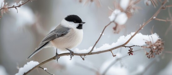Fototapeta premium A songbird perched on a snow-covered twig, its tiny beak chirping a sweet melody amidst the wintry scene.