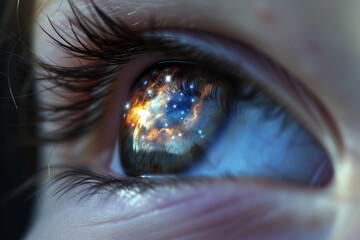 Naklejka premium closeup of eyes with nebula reflection on iris