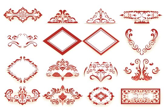 The image contains red and white decorative elements such as floral patterns, frames, and labels. They are arranged in various shapes like squares, diamonds, and triangles.,set of christmas ornaments