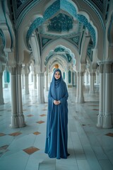 Naklejka premium Portrait of young indonesian muslim woman in blue hijab and religious outfit standing in a beautiful decoration mosque. People religious Islam lifestyle concept. Fashion, stylist and chic.
