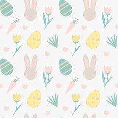Easter seamless pattern.Vector texture.Background with hare, carrots, eggs and flowers.