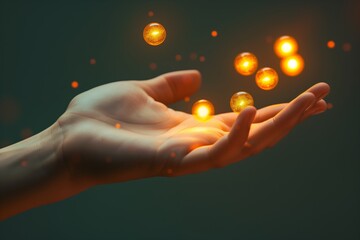 closeup of a hand outstretched with glowing orbs balancing on fingertips
