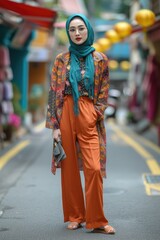 Fototapeta premium Portrait of young indonesian muslim woman in hijab and colorful casual outfit posing on the street. People modern Islam lifestyle concept. Fashion, stylist and chic.