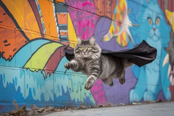 Foto op Canvas maine coon cat with cape flying past a colorful mural © Natalia