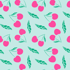 Fruit pattern.Cherry berries on a blue background.Seamless cherry texture.Vector.