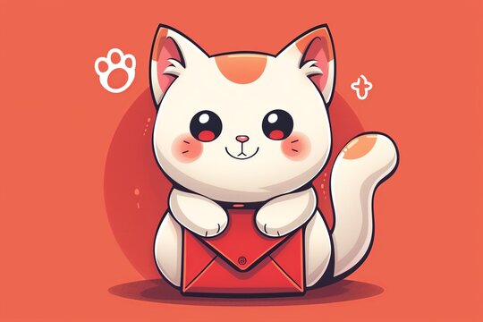 Charming chibi cat with big, sparkling eyes centered on a red lucky envelope symbolizing prosperity and good fortune in a delightful flat logo illustration
