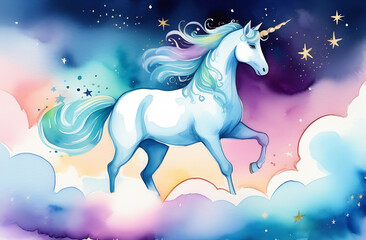 Obraz na płótnie Canvas unicorn running through the clouds in the night sky, watercolor illustration