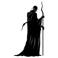 Silhouette mage with staff full body black color only