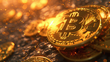 a lot of bitcoin gold coin, cryptocurrency on an abstract background with an orange glow