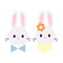 Obraz na płótnie Canvas Two faces of a hare on an isolated background.Hare with a tie.Hare with a flower.Girl and boy symbol.Design element for Easter card.Vector illustration of cute little baby bunnies.