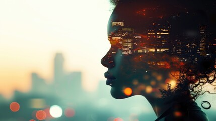 Double Exposure Portrait of a Woman with Urban Skyline