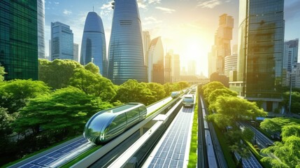 Futuristic Pod Car on a Green Elevated Track in a Sustainable City - obrazy, fototapety, plakaty