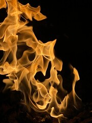 Vertical shot of a raging fire on a black background