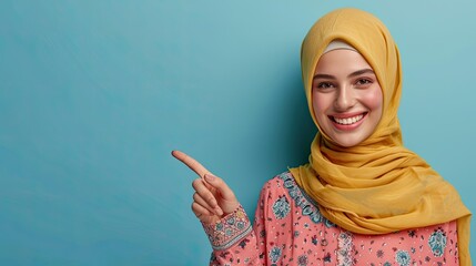 Beautiful young attractive woman in hijab pointing fingers up isolated over blue backround. Showing something with happy.