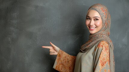 Beautiful young attractive woman in hijab pointing fingers up isolated over grey backround. Showing something with happy.