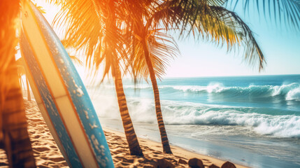 Fototapeta na wymiar Surfboards on the beach. Blurred sea background with palm trees