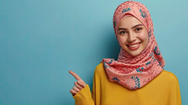 Beautiful young attractive woman in hijab pointing fingers up isolated over blue backround. Showing something with happy.