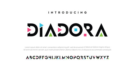 Diadora Modern bright colorful font design, alphabet letters and numbers