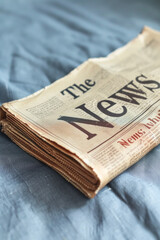 Obraz premium Folded Newspaper on Blue Fabric Background with 'The News' Headline
