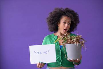 Studio portrait of surprised woman holding dried potted plant and sign