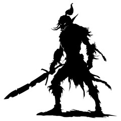 Fototapeta premium Silhouette goblin mythical race from game warrior with sword black color only