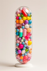 Capsules and Pills in a Transparent Container on Beige Background