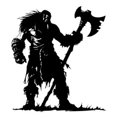 Silhouette orc mythical race from game with big ax black color only
