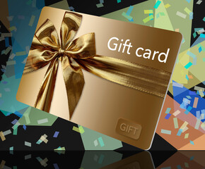Here is a gold gift card with a ribbon and bow in a 3-d illustration.