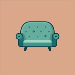 Green couch isolated on a pale orange background.