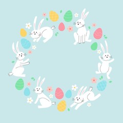 Happy easter card with bunnies and eggs. Minimalist holiday illustration design in circular shape