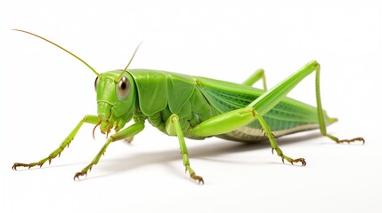 An exquisite green grasshopper artistically isolated against a crisp white background, 