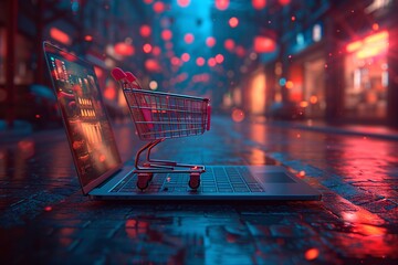 Shopaholic's Dream: A Laptop on a Shopping Cart in a Neon-Lit City Generative AI - obrazy, fototapety, plakaty