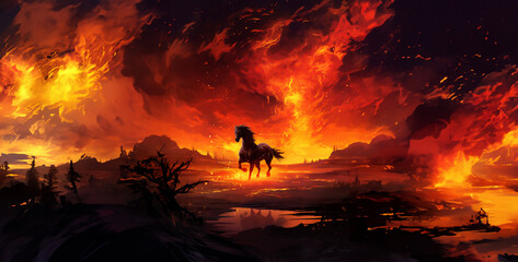 fire in the fireplace, horse runing fire in the desert, sunset in the desert, horse in sunset