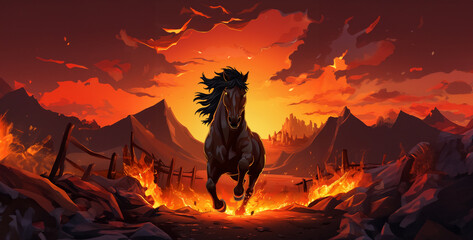 horse runing fire in the desert, sunset in the desert, horse in sunset