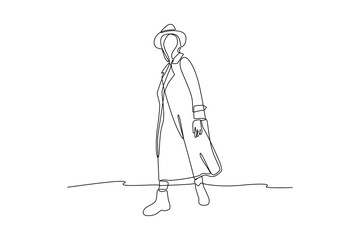 Single continuous line drawing of a woman wears luxurious clothes in a fashion style appearance. Fashion style icon. Fashion boutique. Swirl curl style. Dynamic one line draw graphic design vector ill