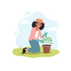 Black woman taking care of plant. Female gardener in spring. Cute illustartion in flat cartoon style