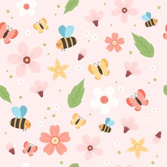 Spring pattern with flowers, bees and butterflies. Cute elements in flat cartoon style