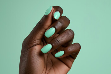 African American womans hand with long nails and turquoise color manicure against green background