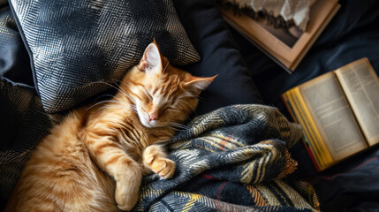 Advertising portrait, banner, red cat sleeps on a cozy dark sofa. Home comfort with a cat, a soft blanket and books. Cozy home and hygiene concept. Conceptual advertising and copy space