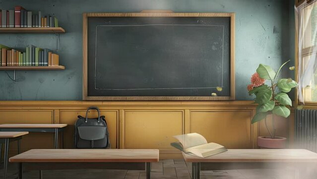 empty school or university classroom with neat desks and chairs. Cartoon or anime watercolor painting illustration style. seamless looping 4K virtual video animation background.
