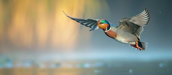 A water bird with feathers and wings, known as a duck, gracefully flies over a body of water, showcasing a beautiful event captured in macro photography, displaying the art of wildlife.