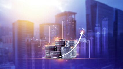 Real estate investment marketing analysis, Stack of coins with graph of business growth, Planning...