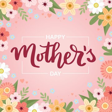 Mother s day banner with flowers, greeting card template, illustration with hand drawn lettering
