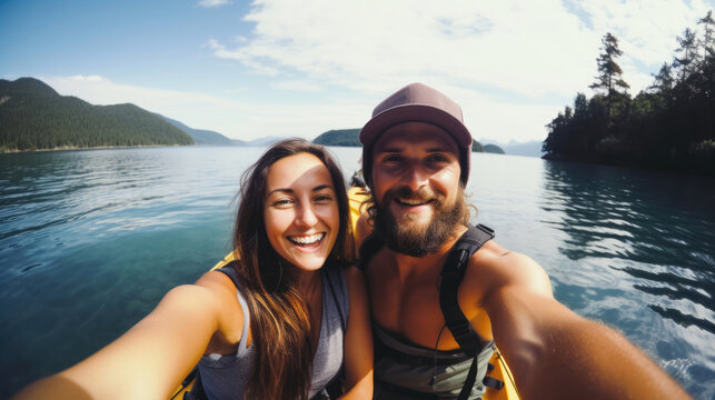 Couple's Selfie Adventure on a Kayak, summer relax - Powered by Adobe