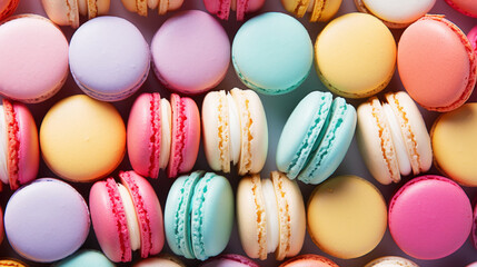 Colourful macarons backdrop. View from above. Aesthetic delicious background. Pastel colour palette. Generative AI