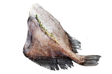 Raw fresh whole John Dory fish with spices and herbs for cooking.  Isolated, Transparent background.