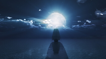 old ship in the night full moon illustration - obrazy, fototapety, plakaty