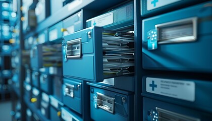 Secure Healthcare Document Storage, Illustrate the importance of secure document storage in healthcare with an image showcasing encrypted digital archives, AI  - obrazy, fototapety, plakaty
