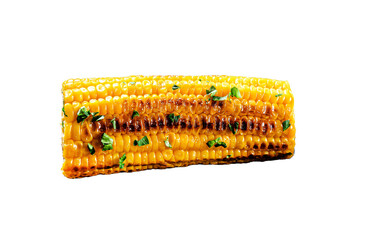 Grilled sweet corn with paprika, salt and cilantro. Isolated, Transparent background.