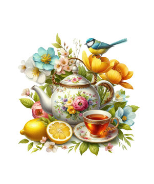 Summer tea still life. A bouquet of summer flowers, a cup of tea with lemon. Watercolor illustration isolated on white background